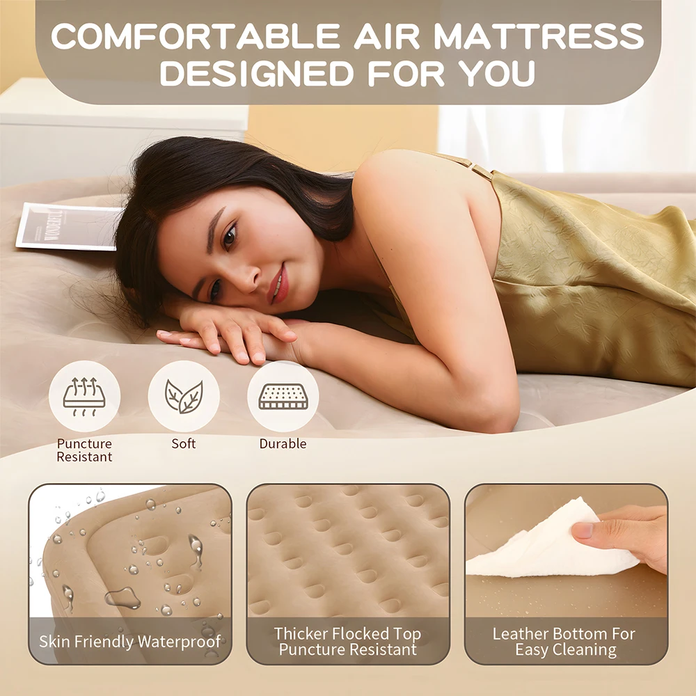 Luxury Inflatable Air Mattress with Built-in Pump Thickened PVC Camping Bed Mat 1-2 Person Glamping Sleeping Pad for Home Use