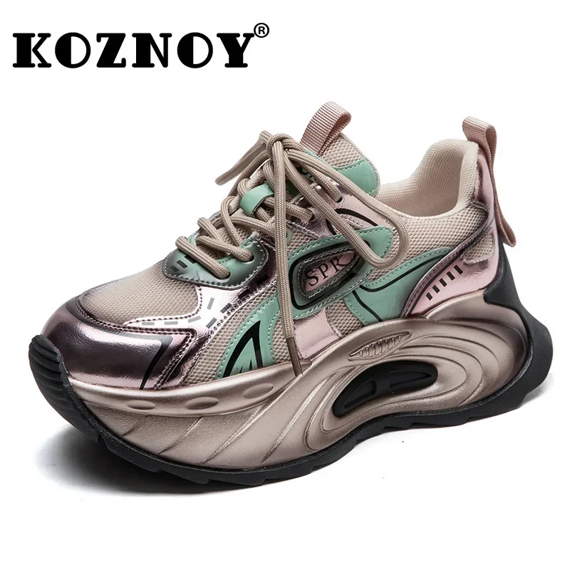 Koznoy 6cm New Air Mesh Microfiber Leather Mixed Color Ankle Boots Flats Booties Fashion Women Chunky Sneaker Comfy Summer Shoes