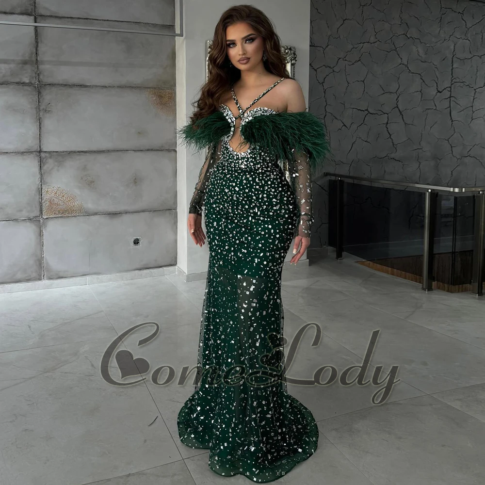 

Comelody Classic Trumpet Prom Dresses for Women Rhinestones Feather Long Sleeves Spaghetti Straps Brush Train Custom Made