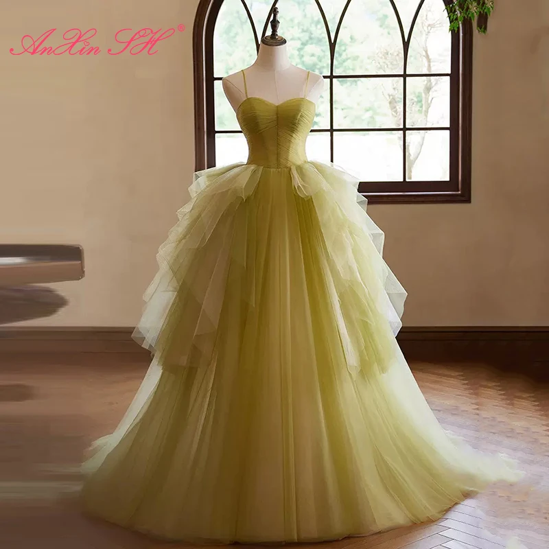 AnXin SH princesa encaje verde correa de espagueti sin mangas volantes vestido de baile con cordones fiesta larga novia vestido de noche personalizado
