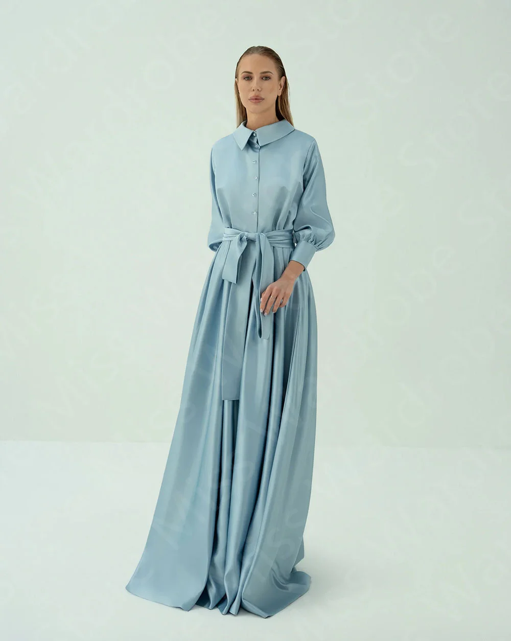 Maßgeschneiderte klassische babyblaue Abendkleider, bescheiden, 2025, Abschlussball-Party-Kleider, lange Ärmel, Hochzeitsgast-Kleider, Arabisch mit Gürtel – Detail 7