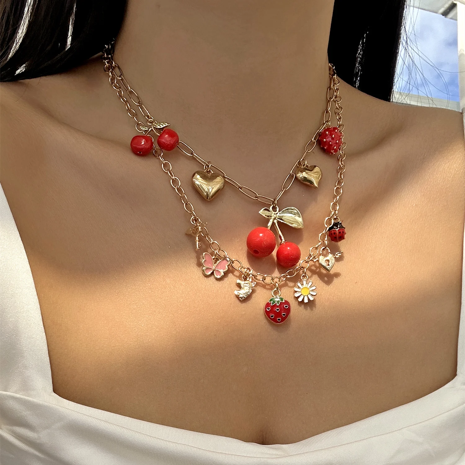 الحد الأدنى زهرة الكرز الأحمر قلادة قلادة للنساء فتاة الحلو الفراولة القلب القوس سلسلة الترقوة هدايا مجوهرات الصداقة #6