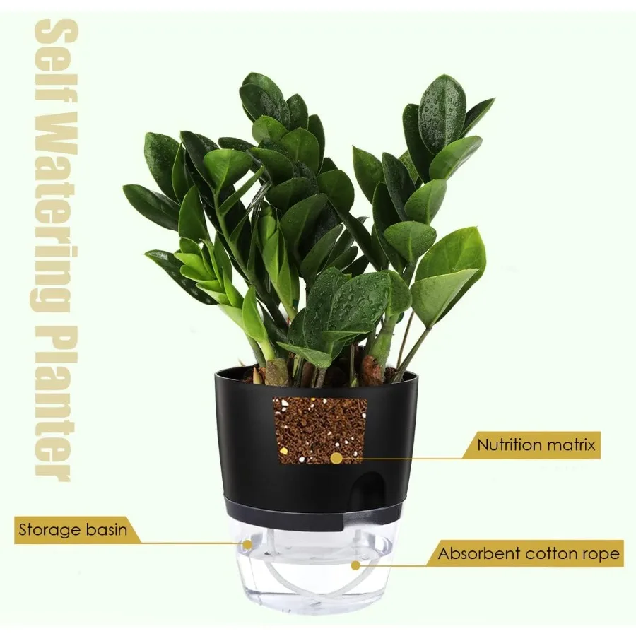 Vasos de plantador com rega automática de 6 polegadas para plantas de interior Pacote com 3 potes violeta africana com pavio RopeBlack