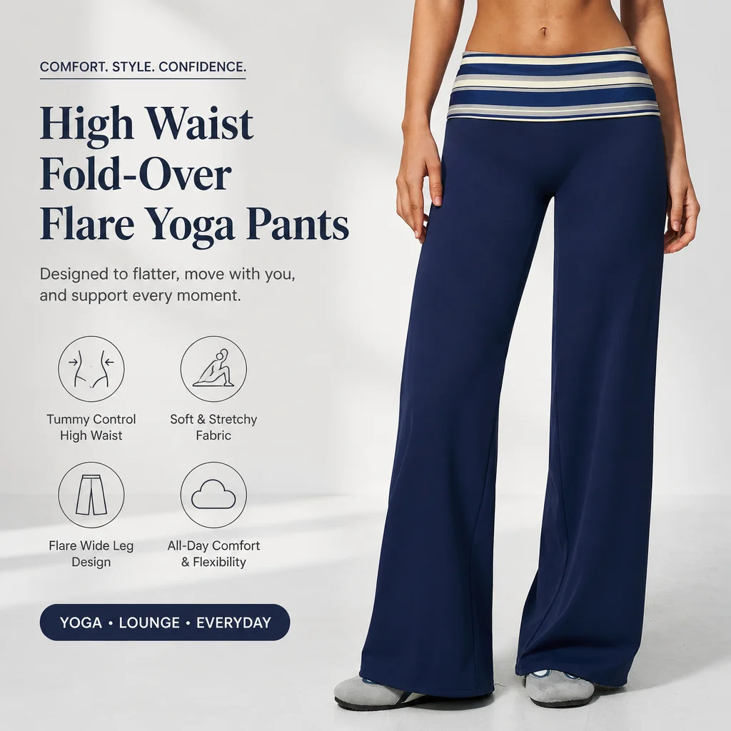 Women's High Waist Fold-Over Flare Yoga Pants with Polka Dot/Striped Waistband Tummy Control Wide Leg Lounge Trousers Soft Stret