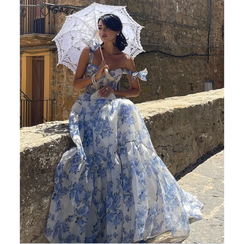 

Fashion Printed Suspender Dress Sexy Backless Lace Up Elegant Long Dresses for Women Blue High Waist Loose Formal Evening Dress