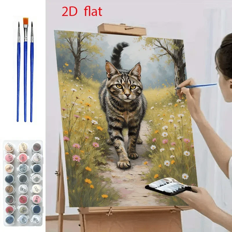 Professional Art Use, 2D Flat Adult Beginner DIY Paint by Numbers Kit - Depicting an Elegant Kitten Strolling Through a Sea of F