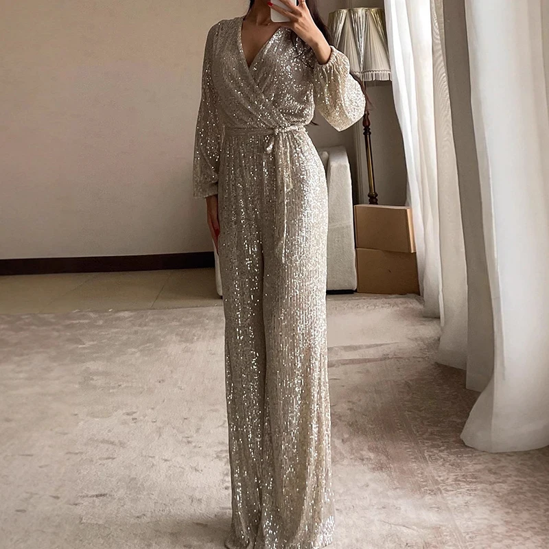 

Новинка 2025 года, осенний комбинезон с длинными рукавами и блестками, сексуальный комбинезон с v-образным вырезом, однотонные свободные брюки, клубный вечерние модный женский комбинезон на шнуровке