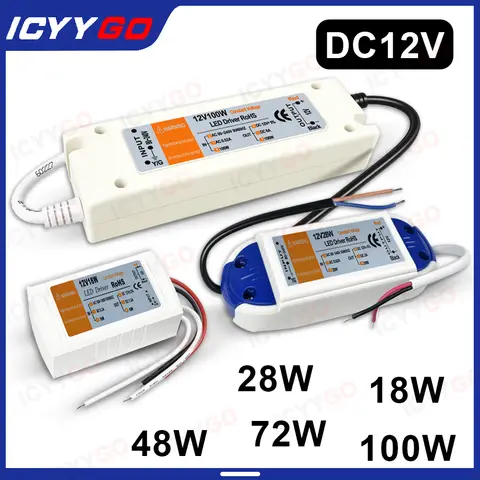 DC12V LED Driver 100W 72W 48W 18W 1.5A 2A 6.2A 4A 8A 110V/220V to DC 12V Power Supply for LED Strips and LED Driver Transformers