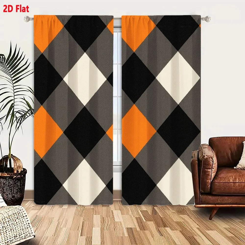 2Pcs Curtains 2D Flat Geometric Argyle Pattern With Vibrant Orange Black Gray And Cream Interlocking Diamond Shapes Window Drape
