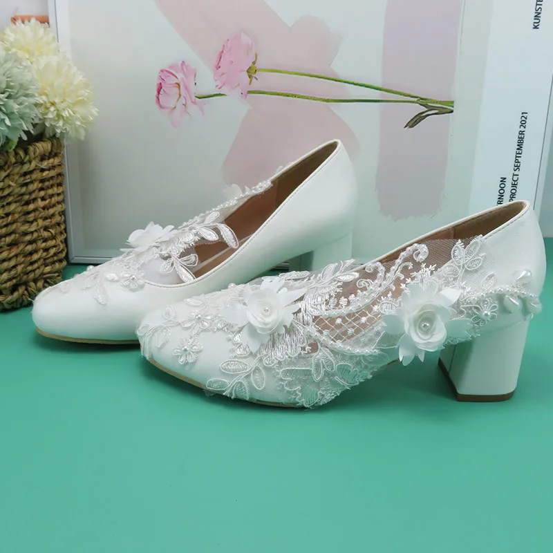 BaoYaFang Brand White Bridal Wedding shoes for Women Fashion High Heel Pumps Thick Heel Ankle Strap Female Party Shoe Ladies