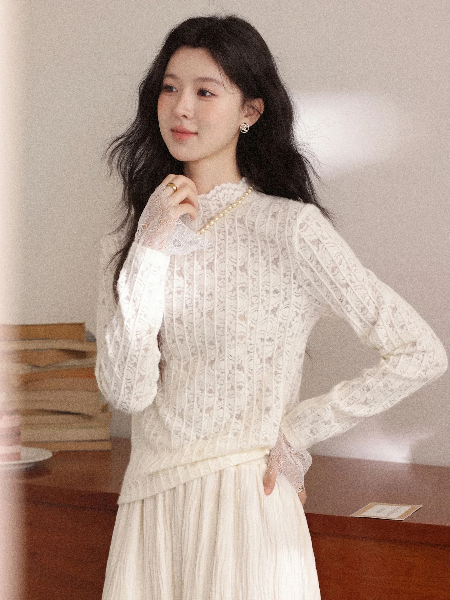 

Jasmine Scented Long Sve Women's Lace irt Inner Wear Base Layer Slimming Top Autumn Winter Ele Sle Pure Color