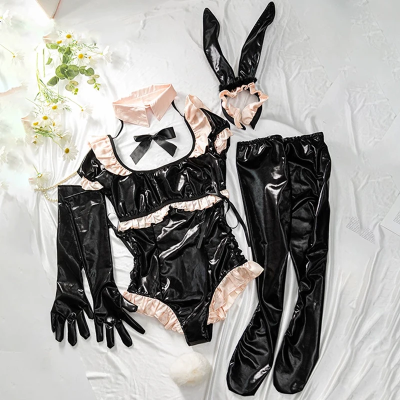 

PU Bunny Maid Lingerie Sexy Hot Cosplay Costume Patent Leather Bow Ruffled Jumpsuits Gloves Girl Crotchless Erotic Lace Suit