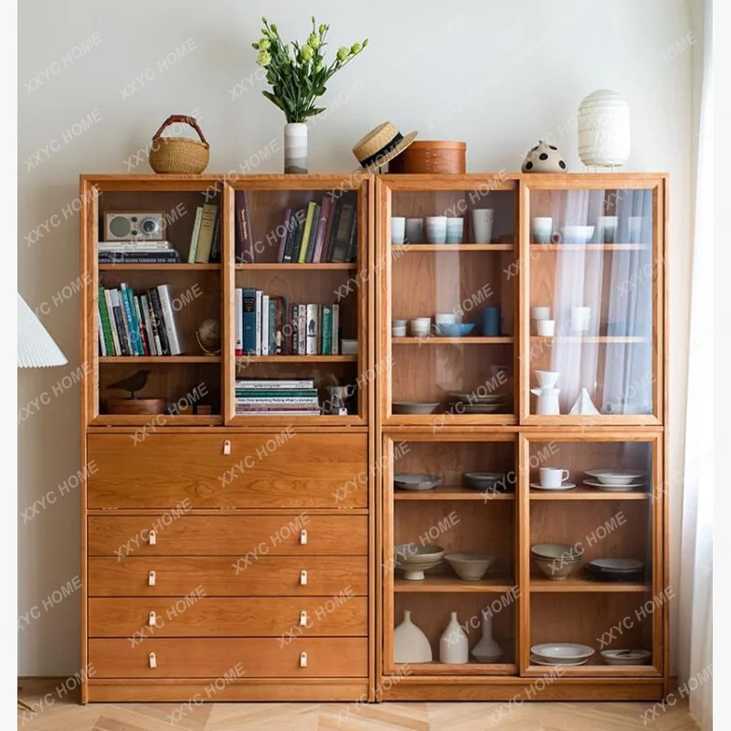 Solid Wood Sliding Door Sideboard Display Cabinet Storage Organizer Japanese Combined Bookcase