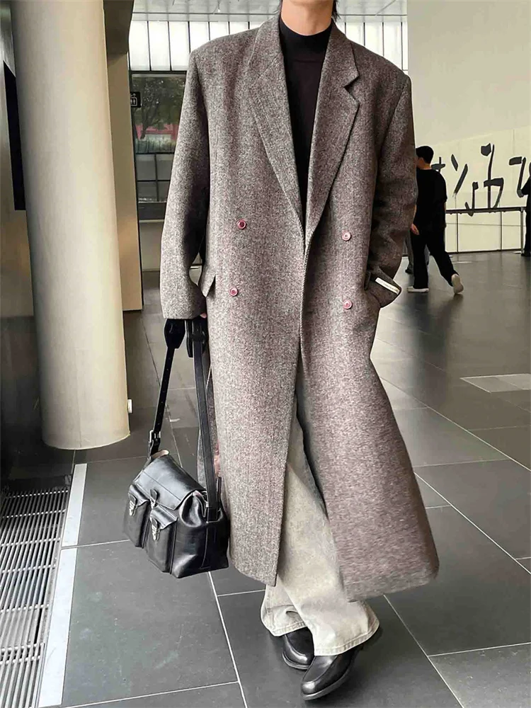 Korean Style Long Dropped Shoulder Man Suit Jackets Herringbone Double-Breasted Luxury Men's Blazer Double Slits Winter Coat New