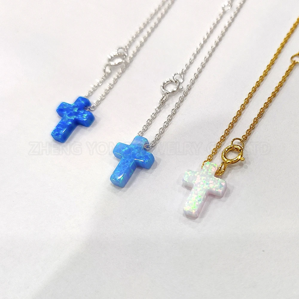 Sterling Silver Chain Cross Pendant Necklace for Women Men Synthetic Fire Opal Cross Bead Necklace