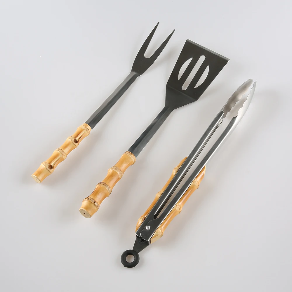 Camping Stainless Steel Bamboo Root Wooden Handle Slotted Spatula Turner Fork Tong Grill Set Barbecue Accessories BBQ Tool