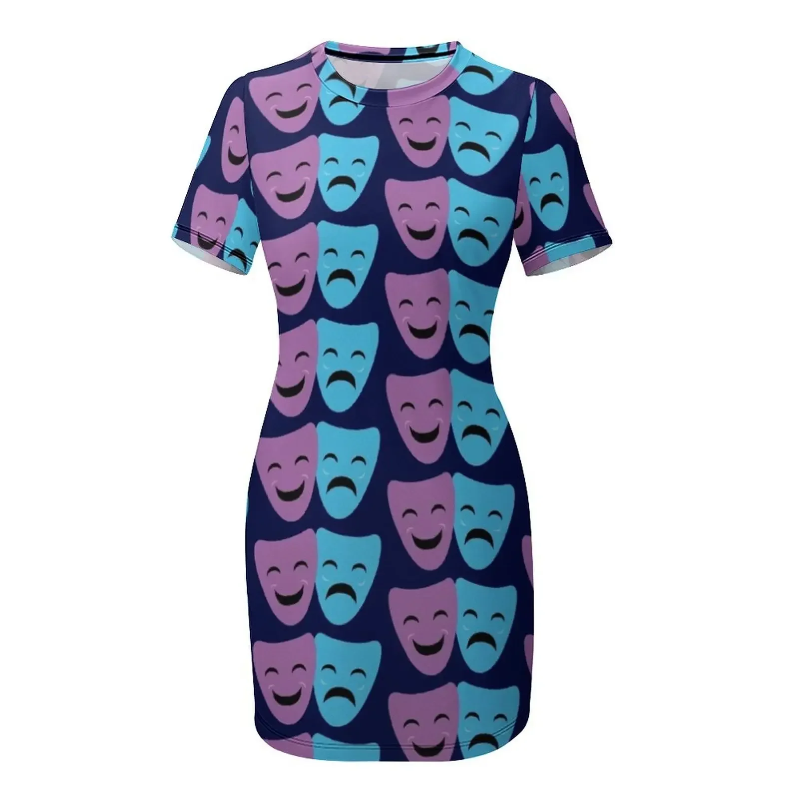 Blue and Purple Comedy and Tragedy Drama Masks Short-Sleeved Dress birthday dresses for women Aesthetic clothing view 4