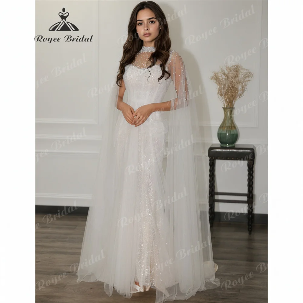 

RoyceBridal Свадебное платье русалки с высоким воротом 2025, свадебное платье со шлейфом Ватто и жемчугом по индивидуальному заказу платье suknia ślubna