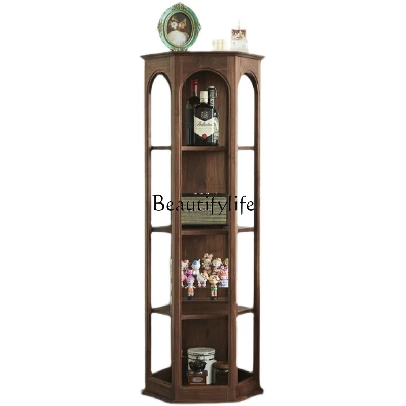 Hexagonal Cabinet Black Walnut Color Solid Wood Display Cabinet Nordic Storage Corner Corner Corner Side Cabinet