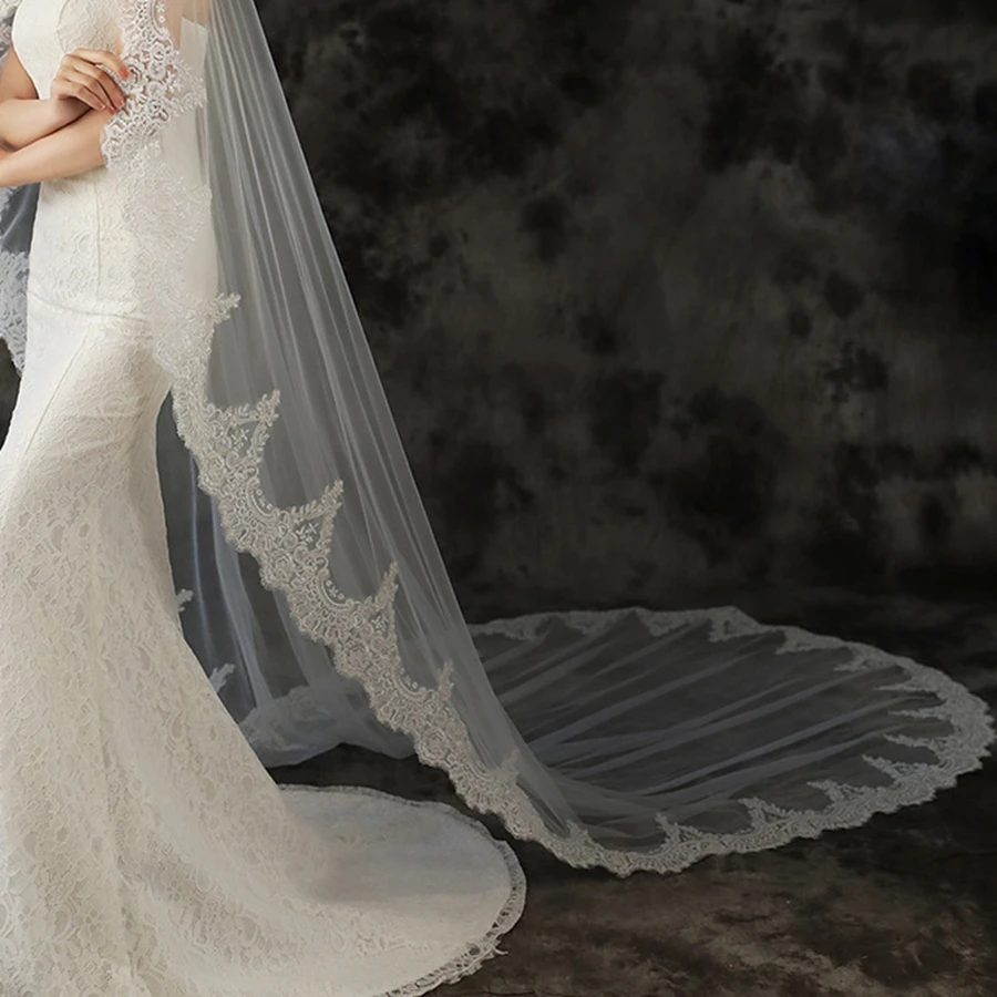 New Arrival White Ivory Edge Lace Bridal veil 3 Meter Long Cathedral Wedding veils 2026 Boda velo de novias image 3