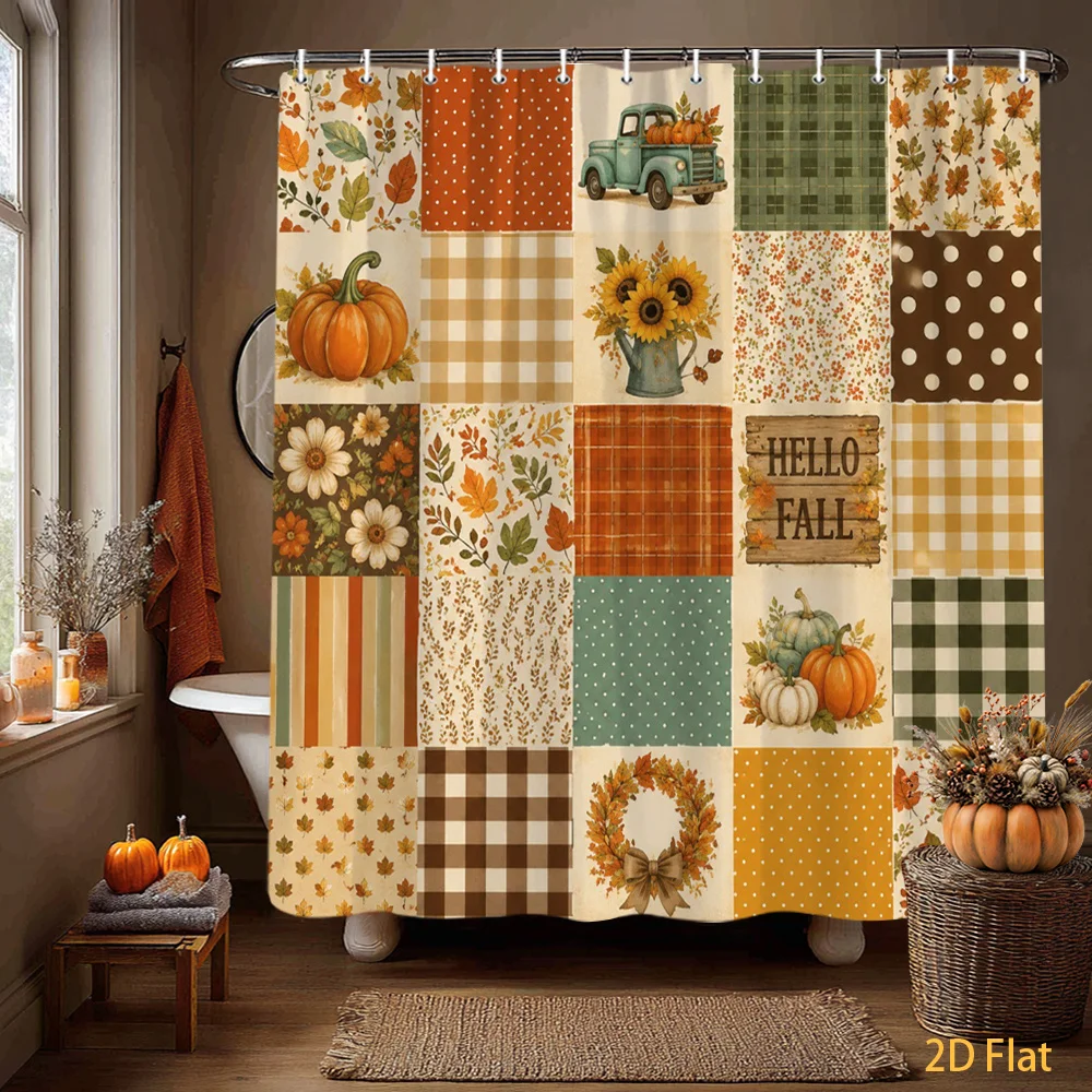 1 piece of autumn-themed shower curtain, featuring a patchwork design of pumpkins, sunflowers, and leaves, bathroom curtain 70.8x 70.8inch with hooks, ideal autumn bathroom decoration for creating a cozy atmosphere-2D FLAT