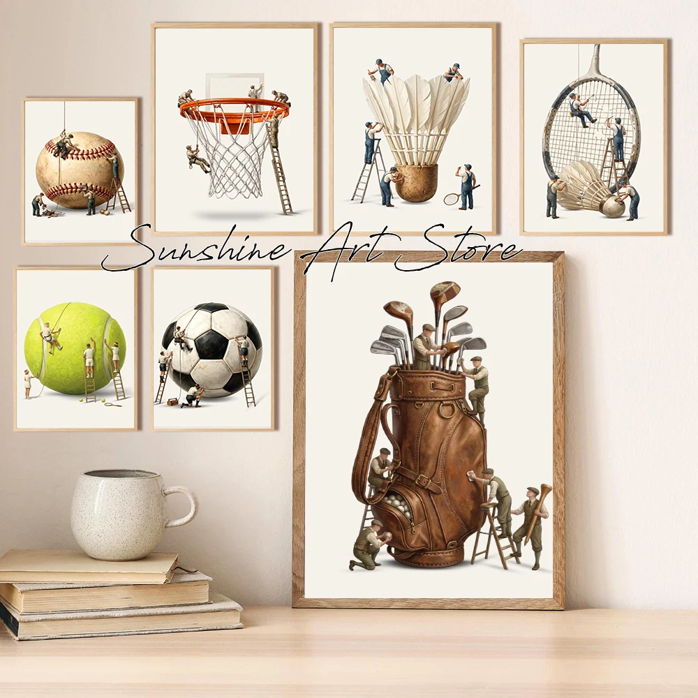 Vintage Ball Games Football Baseball Basketball Badminton Sports Fantasy Artwork Poster Canvas Painting Wall Pictures Home Decor