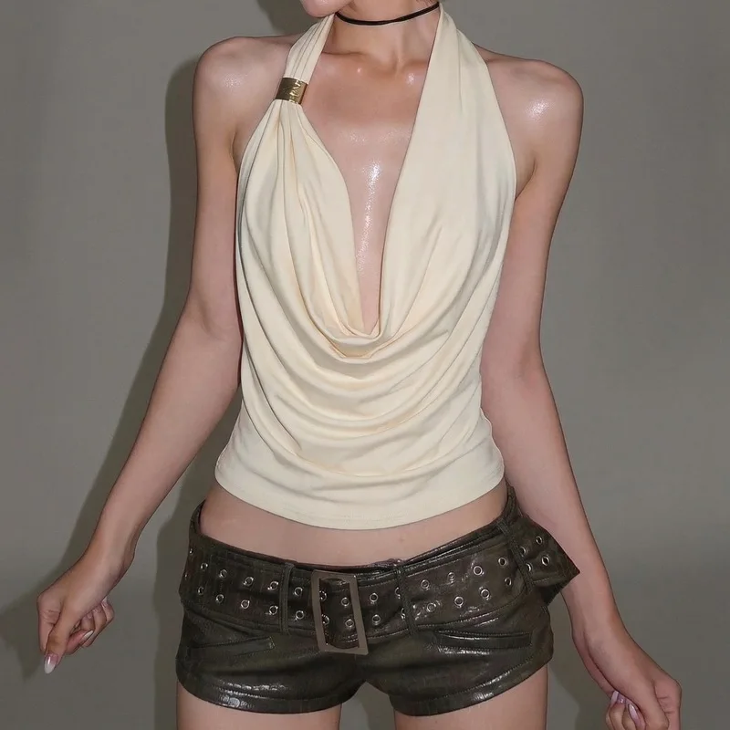 Vintage Backless Crop Top Draped Collar Clubwear Fashion Party Tops Casual Streetwear Sleeveless Vest Summer Clothes Camisoles