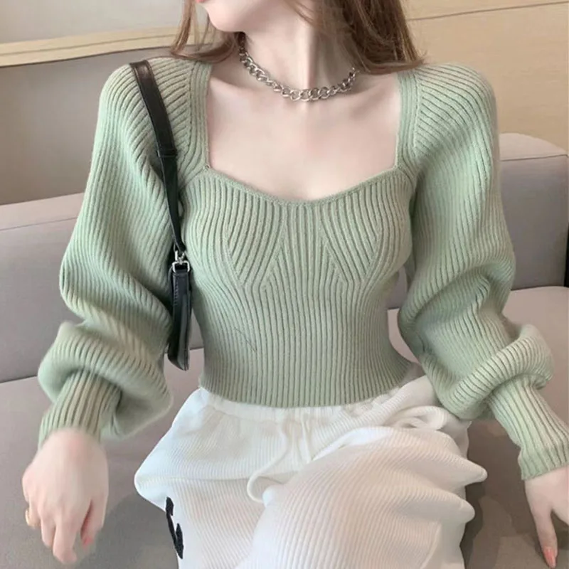 Lucyever Green Square Collar Knitted Sweater Women 2023 Autumn Winter Slim Fit Lantern Long Sleeve Knitwear Elegant Short Jumper