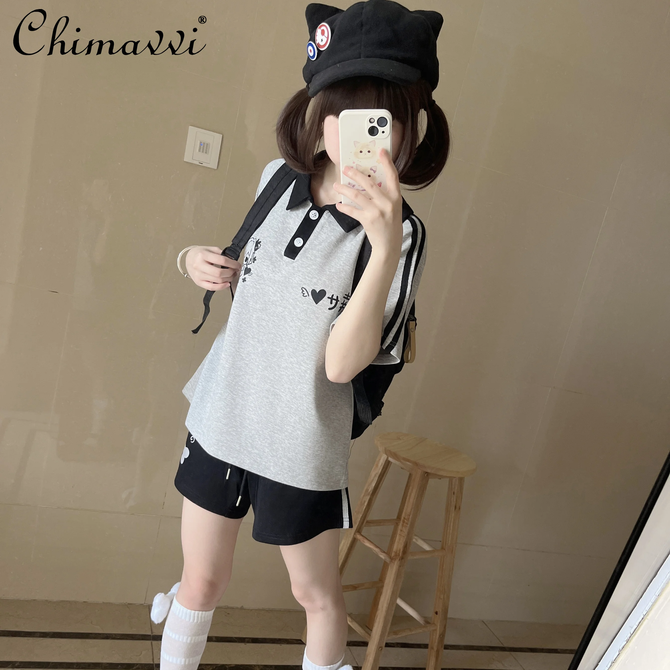 Summer New Polo Collar Sports Suit Students Casual Cute Japanese Style Black Gray Short Sleeve T-shirt Shorts Gril 2 Peice Set