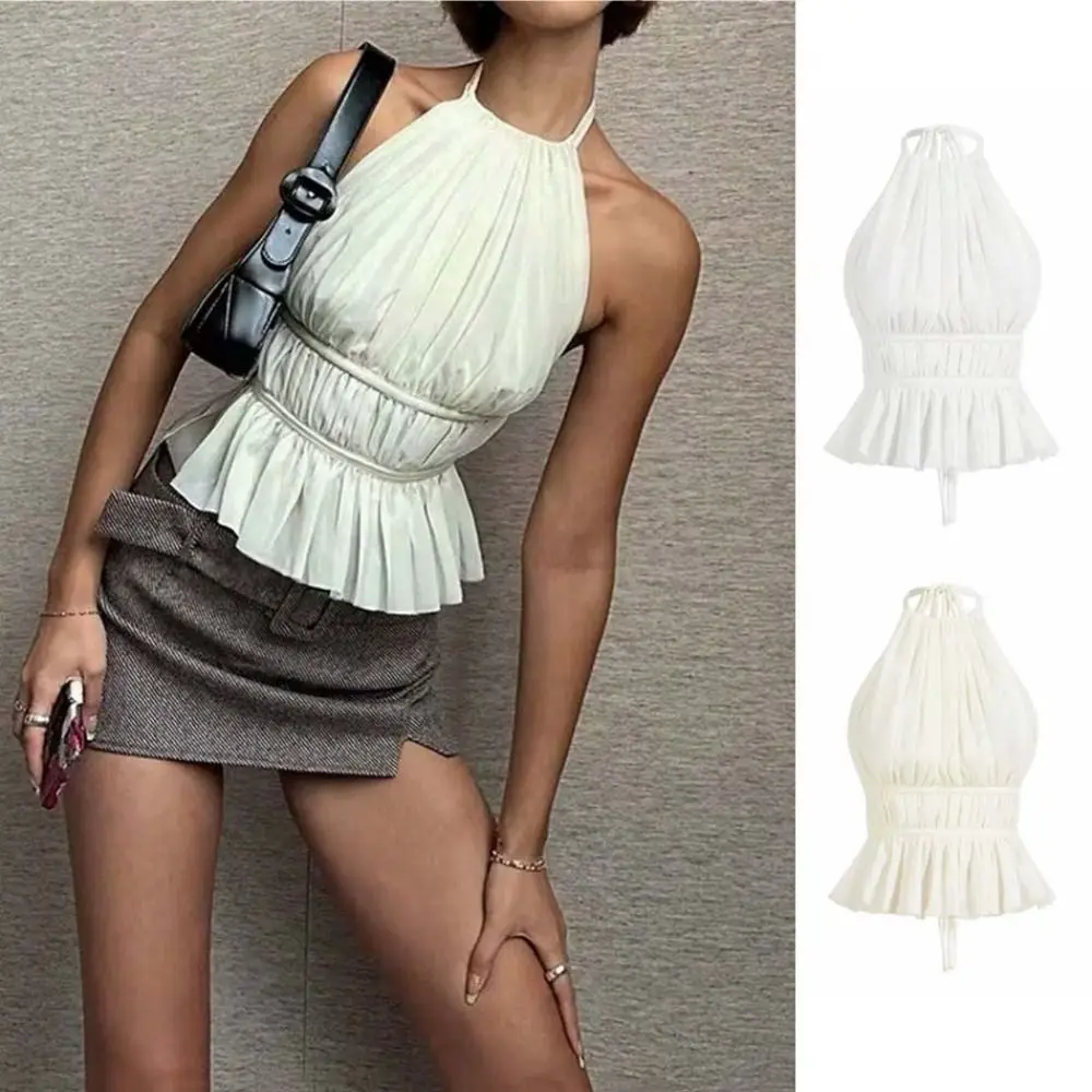 Fashion Sleeveless Lace-up Camisole Pleated Solid Color Chiffon Vest Tops Halter Beach Wear Women's Crop Top Party