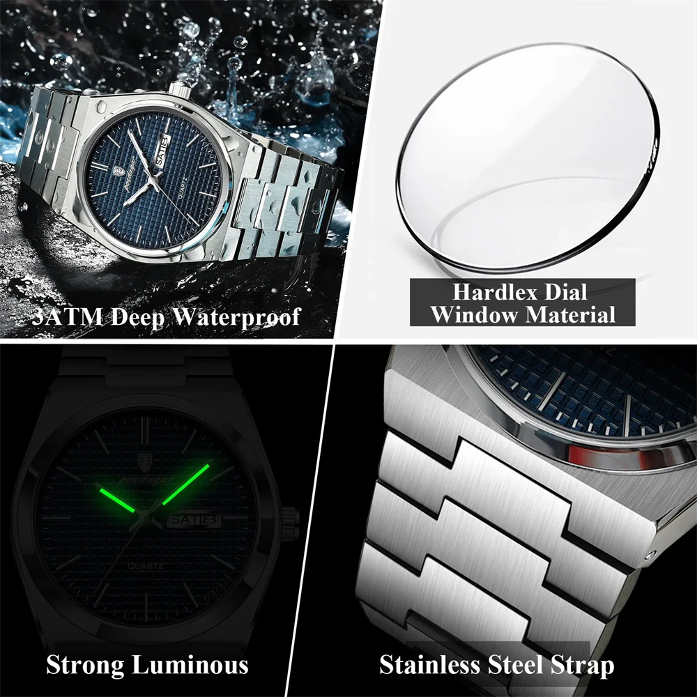 POEDAGAR Business High Quality Men Watch Sport Quartz Man Wristwatch Waterproof Luminous Date Week Stainless Steel Men's Watches
