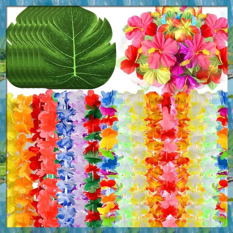 AB07 HEIßER 70Pcs Hawaiian Luau Party Liefert, Tropical Leis, Palm Blätter & Hibiskus Blumen Für Geburtstag Baby Dusche strand Pool Party
