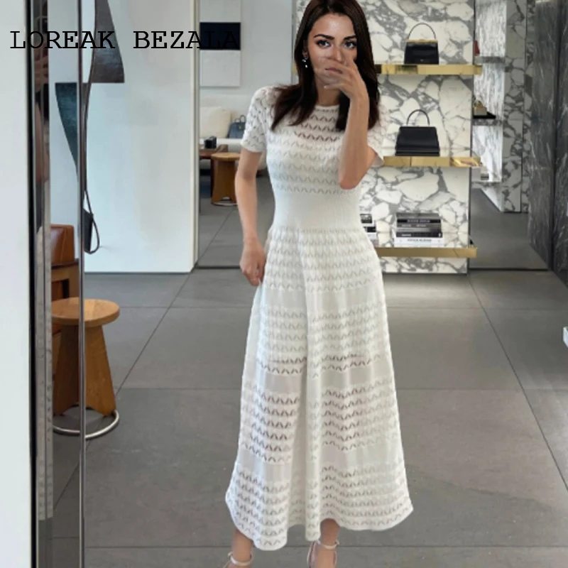 

White Women's knitted dress+inner strap Elastic Spring/Summer dress short sleeved hollow out 2-piece set dress