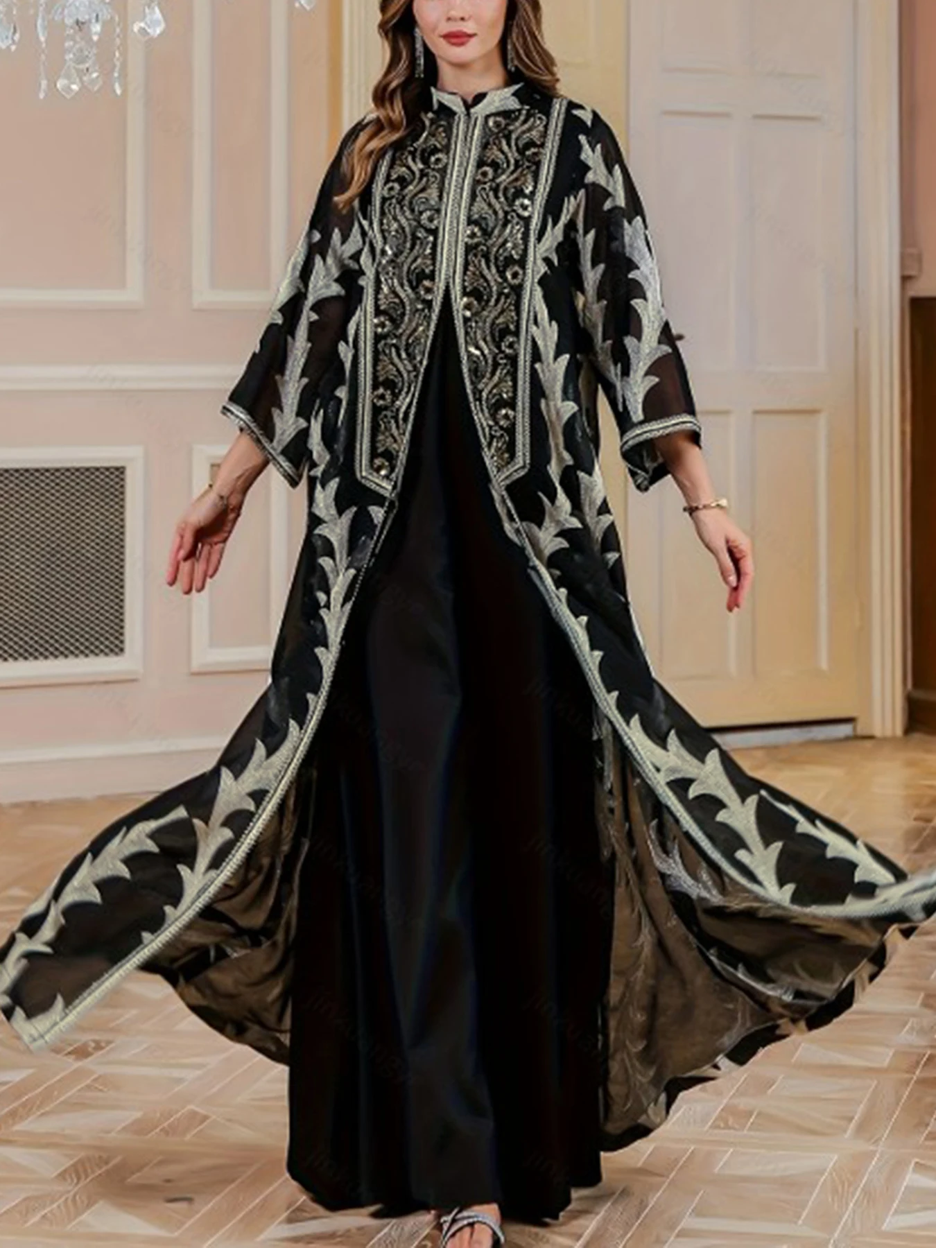 Plus-Size New Middle Eastern Elegant High-End Sequin Embroidered Black Robe, Loose and Comfortable Commuter Muslim Faux Two-Piece Cardigan, Dubai Saudi Traditional Clothing, Long-Sleeve Stylish Cardigan Dress