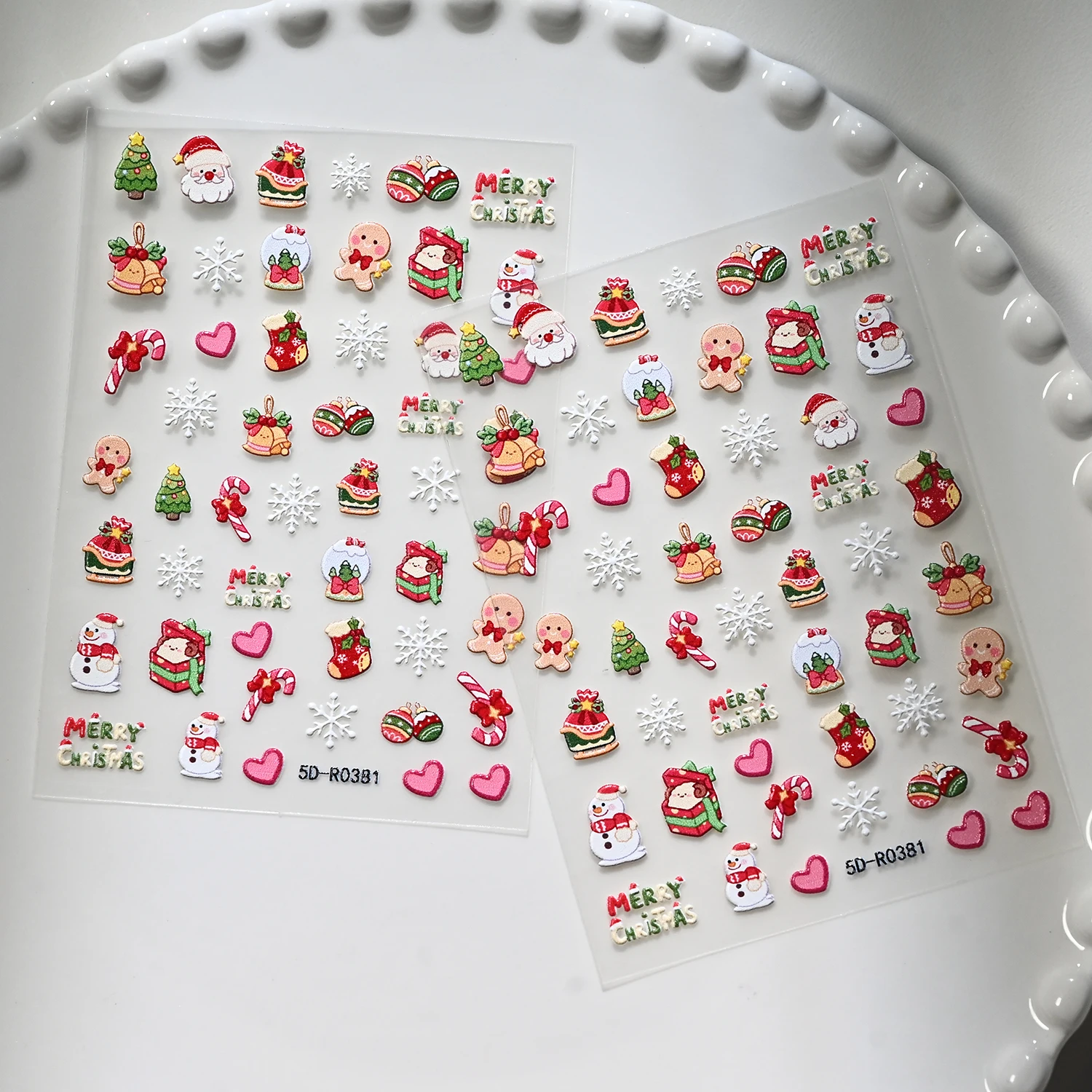 2Pcs 5D Cartoon Santa Snowman Gingerbread Man Nail Stickers Snowfalkes Bell Candy Cane Nails Decals Winter Xmas Manicure Decor 1