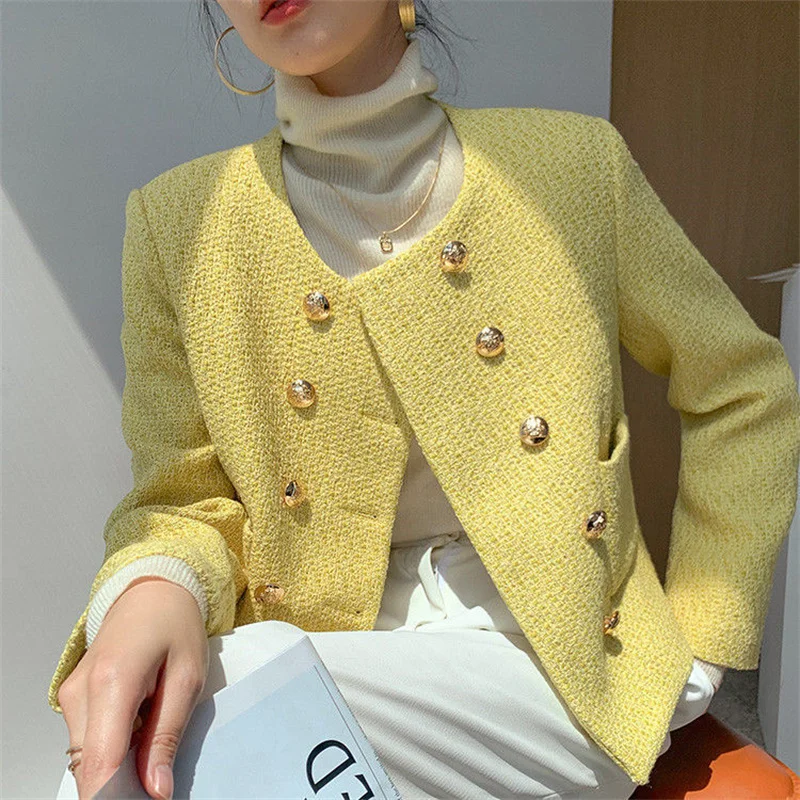 Double breasted Woolen Coat for Women\'s Autumn and Winter New Slim Fit Fashion Short Knit Thick Tweed Suit Jacket Blazer Yellow