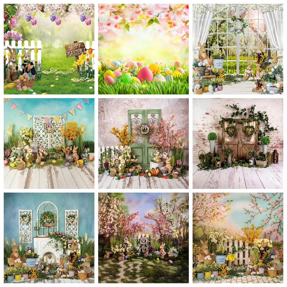 Spring Happy Easter Eggs Backdrop Bunny Photocall Flower Grass Rabbit Baby Kids Party Photography Backgrounds For Photo Studio