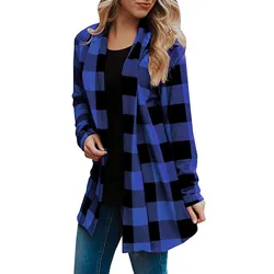 2024 Autumn Thin Coats For Women Vintage Plaid Print Warm Fuzzy Fleece Long Jacket Overcoat Cardigan Jackets Manteau Femme