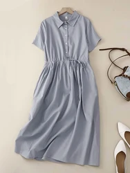 Women Solid Shirt Dress Summer Fashion Turn-down Collar Pocket Short Sleeve Midi Dresses Office Lady Lace Up Dresses Vestidos