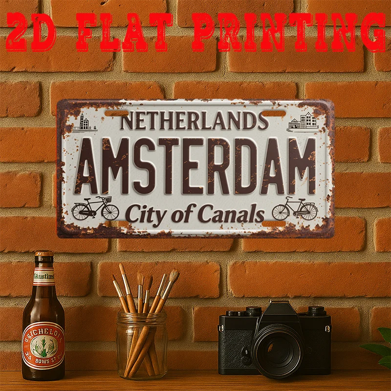 HD Aluminum Metal Sign, Amsterdam Netherlands City of Canals Vintage License Plate Style Wall Decor, Retro Bicycle Canal Waterfr