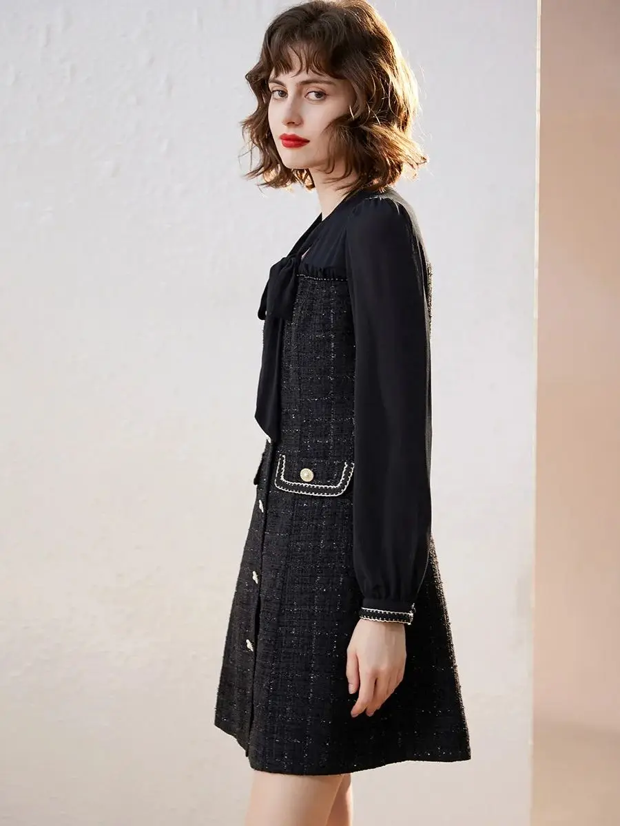 LOUIS YAO Women Dress 2024 New Arrival Elegant Bow Lace-up Long Sleeve V Neck A-line Office Lady Short Women\'s Dressce Lady