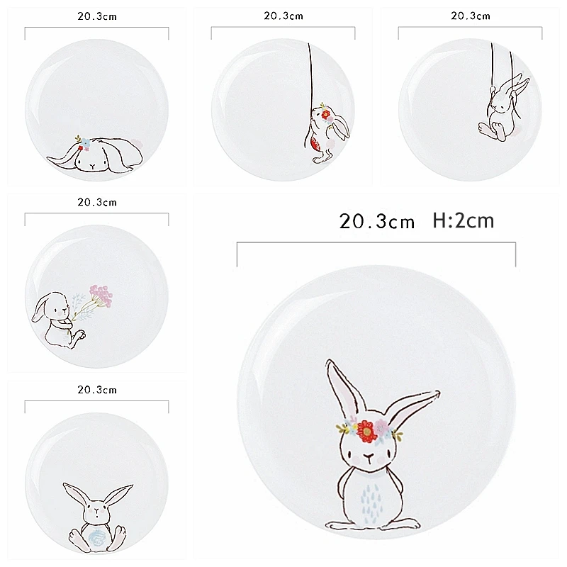 8 Inch Ceramic Bunny Dinner Plate Cute Rabbit Dishes Afternoon Tea Dessert Plate Pasta Dish Party Serving Plate Microwave Safe