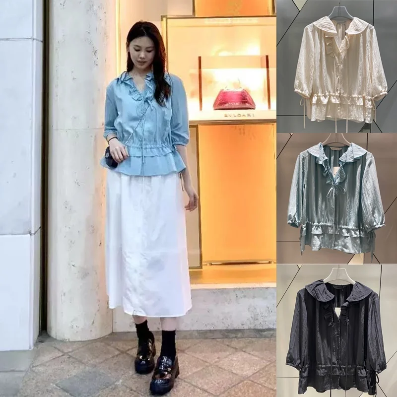

French Sle Sweet Luy irt Women's Loose Fit Breathable Thin Material Baby Doll Collar Dstring Waist Cord Blouse