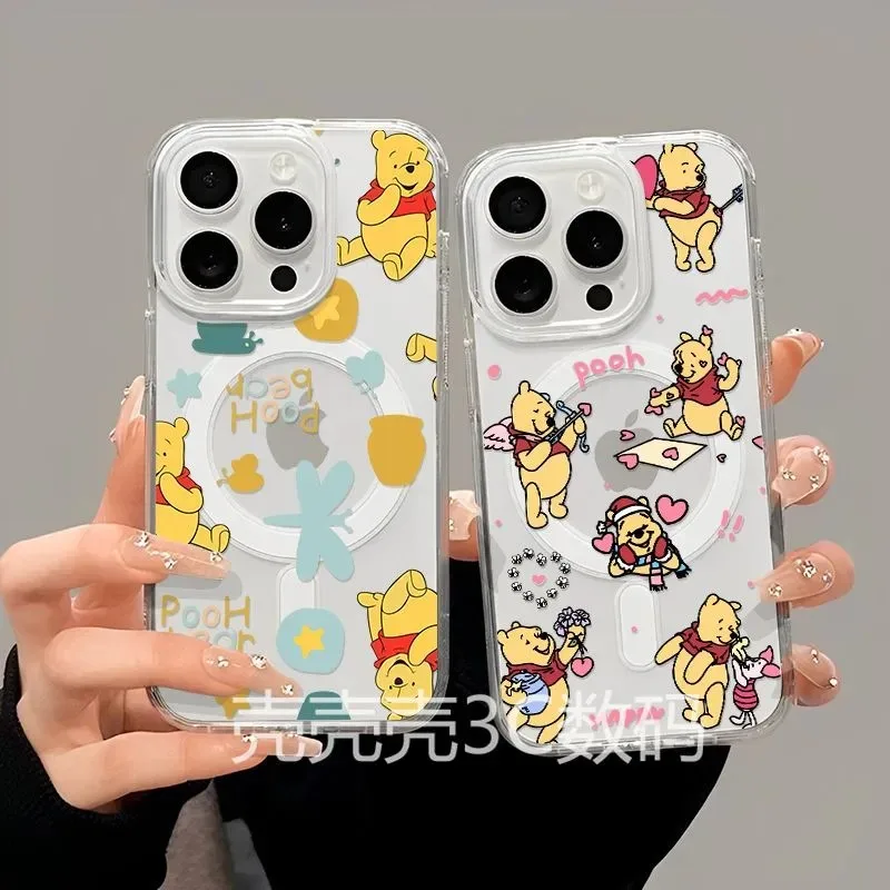 Niedliche Pooh-Bären-Magnet-Handyhülle für Samsung Galaxy S25 S24 S23 S22 S21 S20 FE Edge Plus Ultra 5G Soft Clear TPU Cover