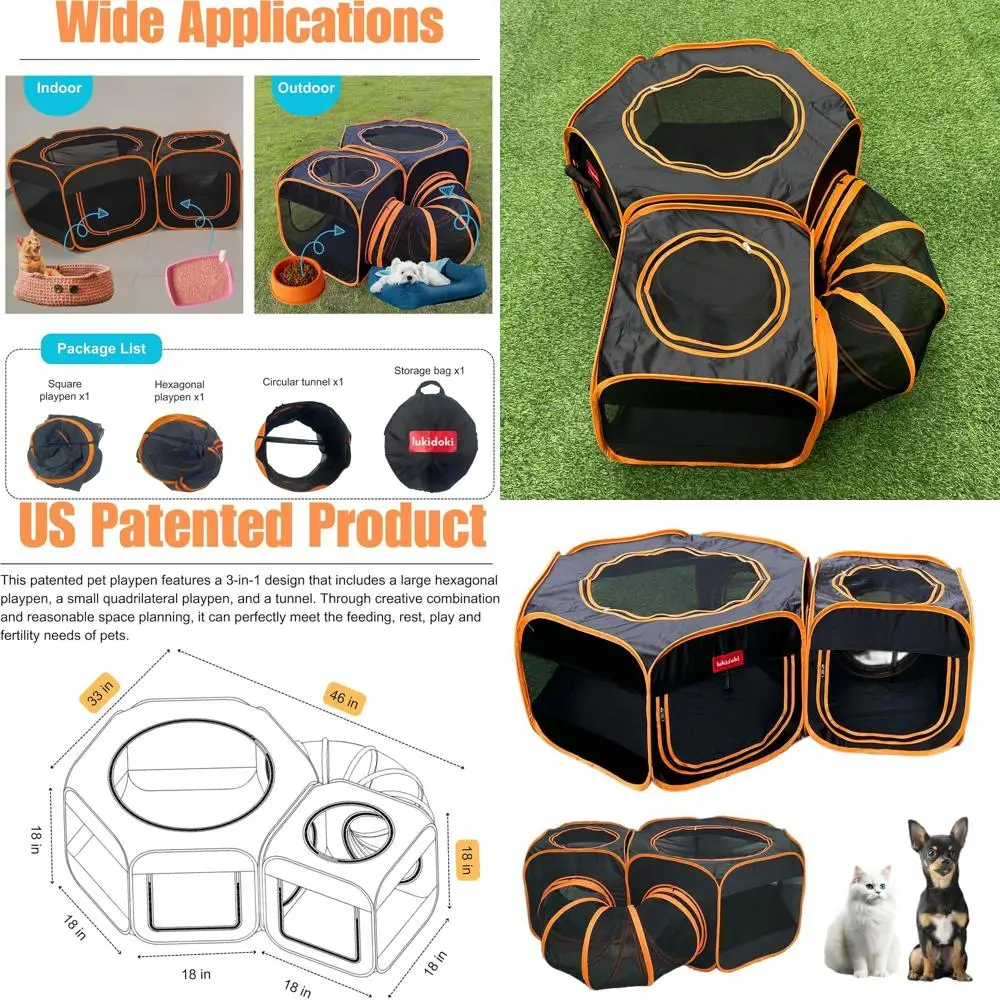 

2-Room Foldable Cat Playpen with Tunnel, 3-in-1 Pop-Up Pet Enclosure for Cats, Puppies, and Small Animals - Indoor & Outdoor Use