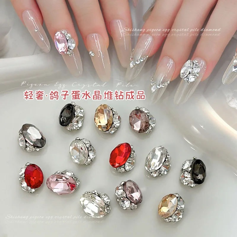 3PCS Luxury Sparkle Egg Oval Pile Diamonds Crystal Alloy Nail Art Rhinestones Jewel Decorations Manicure Ornaments Accessories