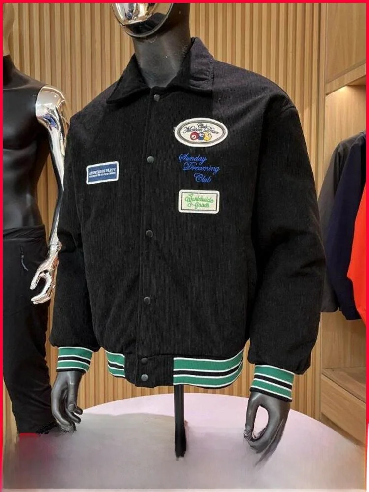 

Утепленная мужская зимняя куртка из вельвета с вышивкой и нашивками, новинка, теплый воротник-стойка, повседневный стиль