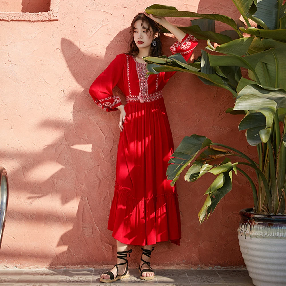 Seaside Holiday Ethnic Style Dress Female Desert Travel Red Long Dresses Super Fairy Thin Beach Dress