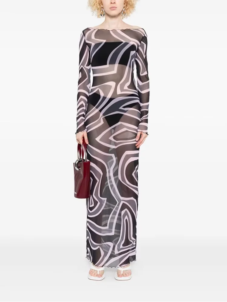 Spring Summer Fashion Geometric Print Thin Style Silk Pencil Long Dress Women's Long Sleeve Translucent High Waist Dresses