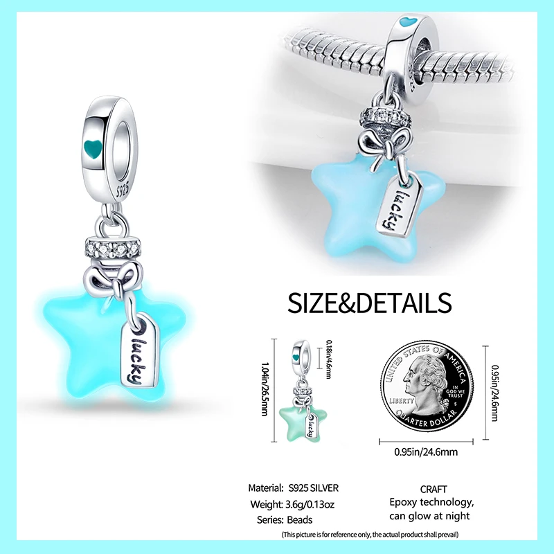 100% 925 Sterling Silver Charm Bead Pendant 3mm Star Glow-in-the-dark Lucky Wish Bottle Original Design Elegant Fine Jewelry